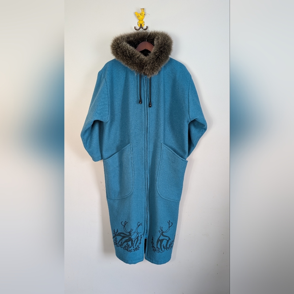 Vintage Northern Sun Blue 100% Wool Parka, Real Fur Trim Embroidered Coat Size 6